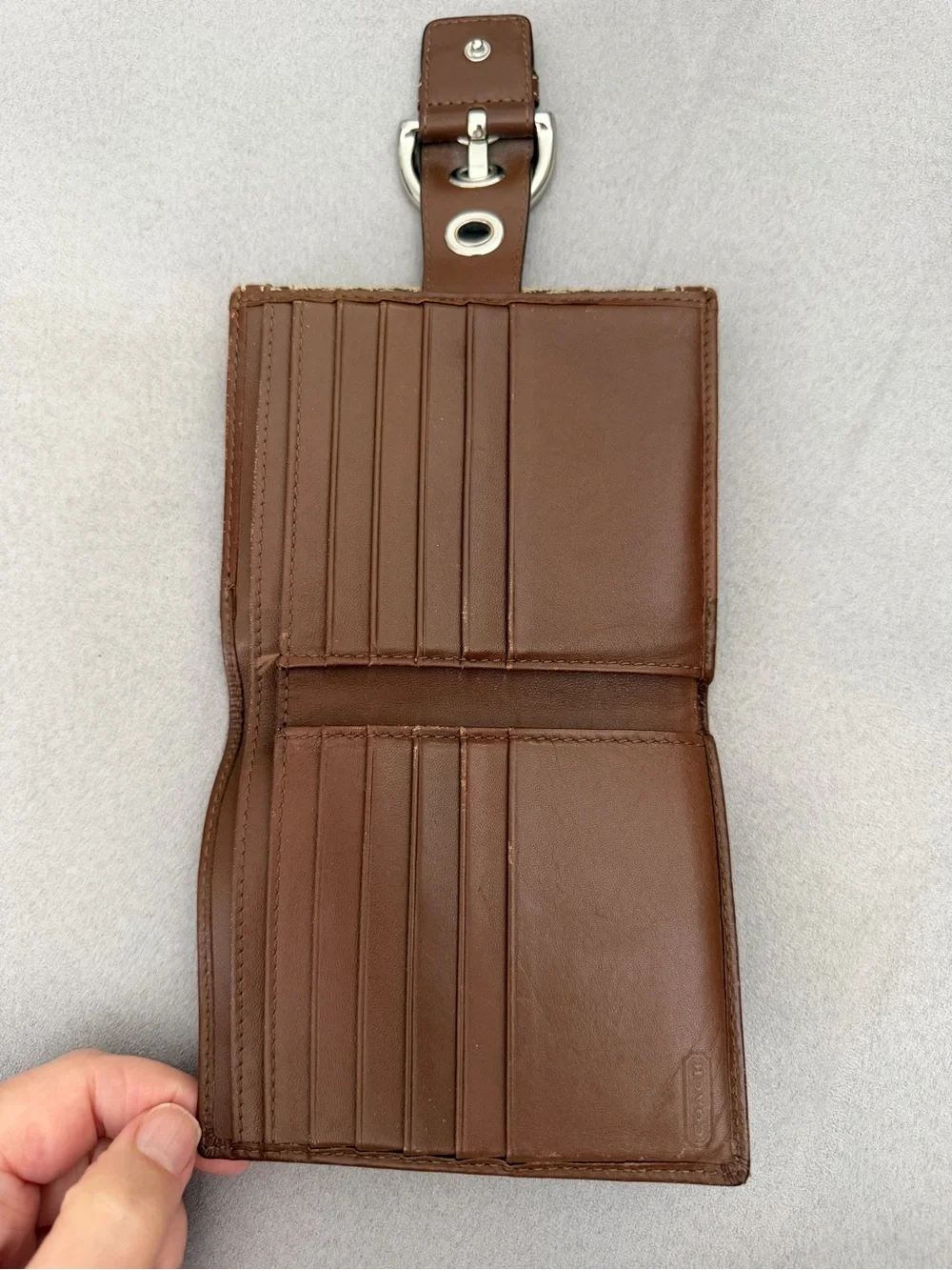 Coach Signature Canvas Wallet in Brown with Buckle Accent